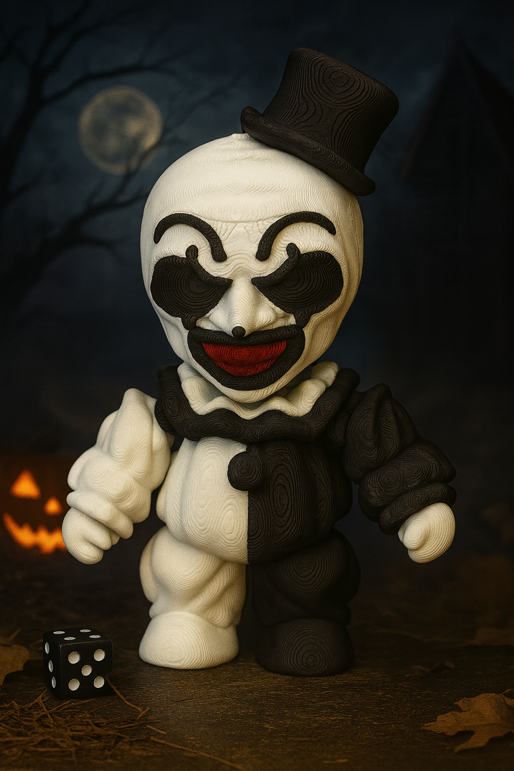 3D Printed Creepy Clown Figurine – Black & White Horror Collectible with Top Hat